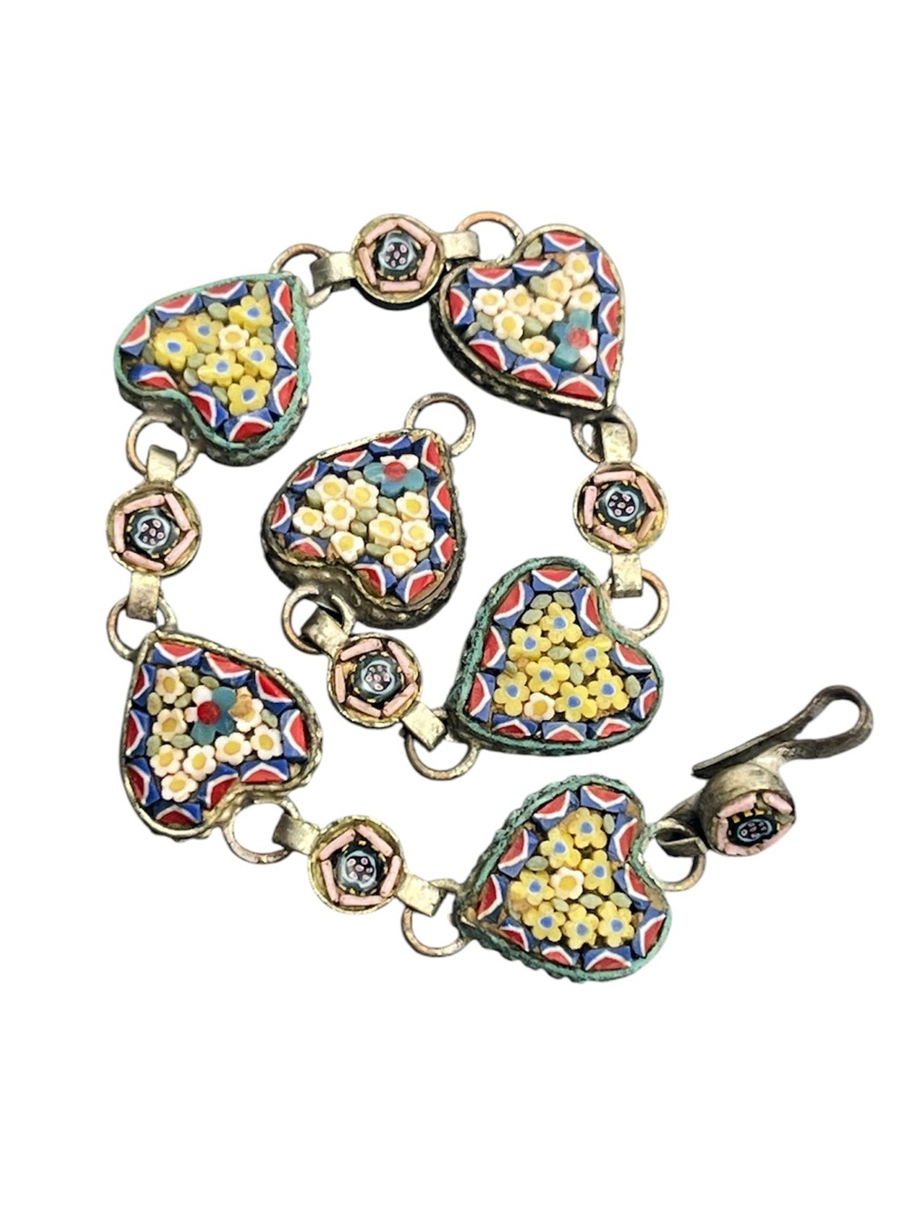 Italy micro mosaic colorful heart silver tone chain bracelet vintage DAMAGED
